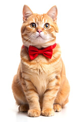 Obraz premium Beautiful ginger cat with red bow tie. Isolated on white background