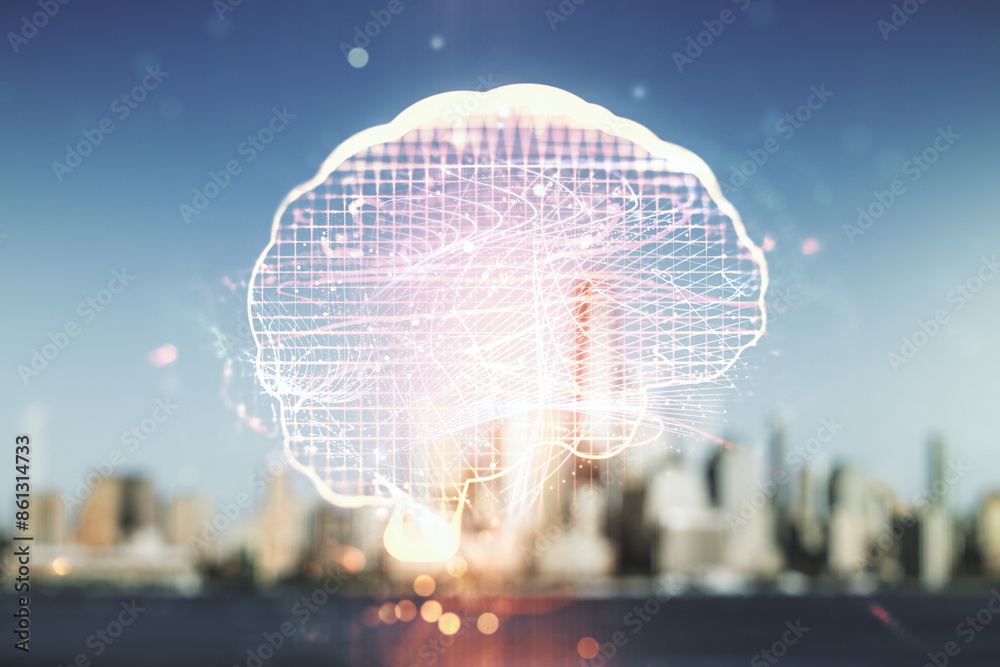 Aufkleber double exposure of creative human brain microcircuit hologram on blurry office buildings background.