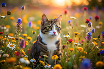 Obraz premium Beautiful striped cat on a lawn with bright colors