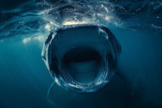 Looking down the open mouth of a whale shark with tail and back showing