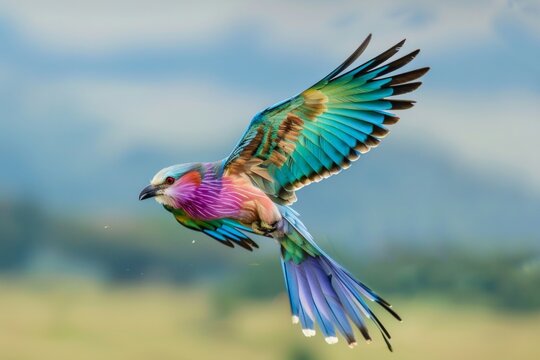 Lilac Breasted Roller bird in flight in Maasai Mara.