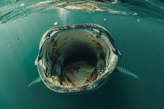 Looking down the open mouth of a whale shark with tail and back showing