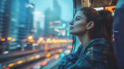 A thoughtful woman gazes out the window of a moving train, city lights and buildings blurred in the background.