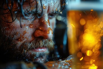 A close-up of a beer glass filled with golden beer with vibrant, inviting bubbles; the background is artistically blurred, highlighting the glowing drink and festive mood.