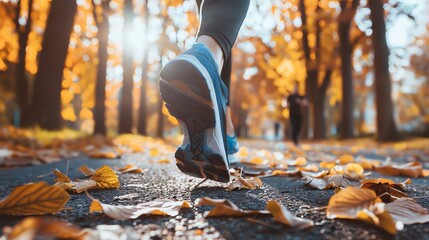 A runner's foot steps on fallen leaves in a park.