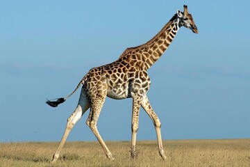 Masai giraffe walking in the Masai Mara savanna.