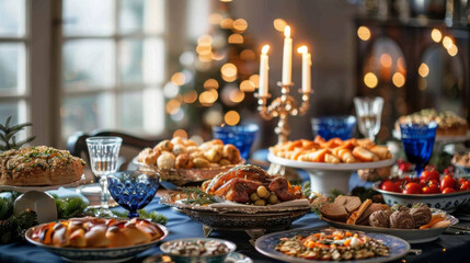 Naklejka premium A beautifully set holiday dinner table with various dishes, blue glassware, and lit candles, ready for a festive celebration.