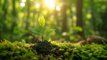A small plant seedling grows in a sunlit forest, symbolizing new beginnings and natural growth amidst lush greenery.