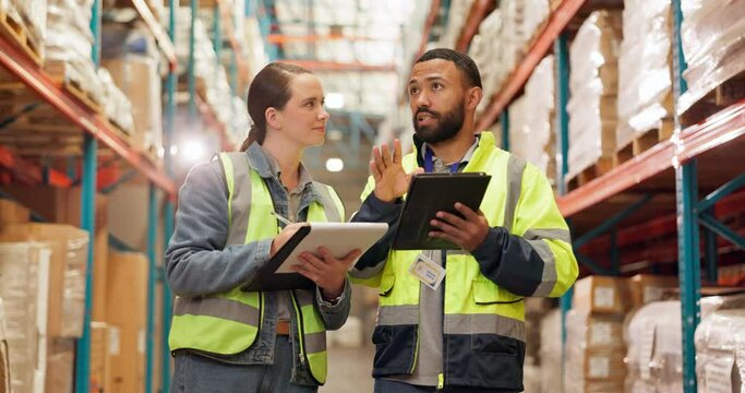 Tablet, checklist and logistics team in discussion at warehouse for shipping information for delivery. Ecommerce, clipboard and industry employees with digital technology for supply chain inventory.