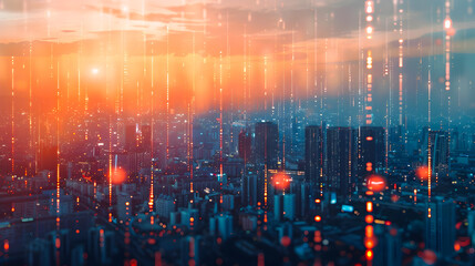 Naklejka premium Futuristic urban skyline with a dense of skyscrapers and buildings illuminated by neon lights reflecting the digital transformation and technological advancement of the modern metropolis