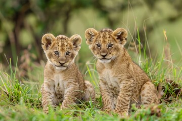 Obraz premium One cute cub is sitting and his brother is standing in the grass both with face forward