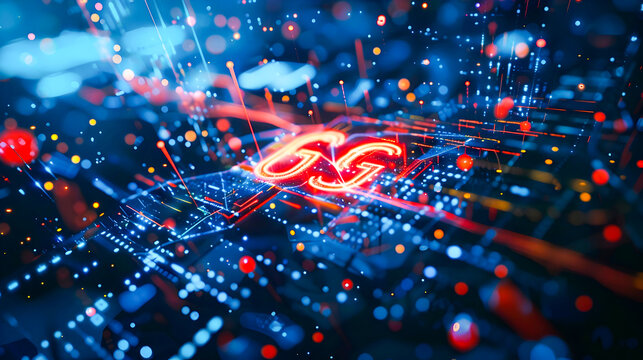 Glowing 6G Network Technology with Bright Colorful Lights and Digital Backdrop Futuristic of High Speed Wireless Communication Digital Transformation and Innovation in the Tech Industry