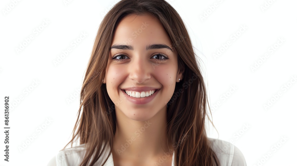 Wall mural A close-up portrait of a young woman with long brown hair smiling brightly.