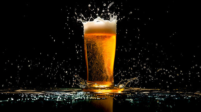 A glass of beer with a burst of splashing water droplets capturing the dynamic and refreshing nature of this popular alcoholic beverage  The image showcases the liquid s movement transparency
