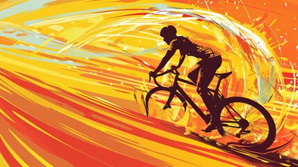 Obraz premium Worms-eye view Cyclist, abstract yellow-orange background, vector illustration, silhouette, perfect for a striking marketing banner, bold and dynamic colors, fluid lines, energetic composition