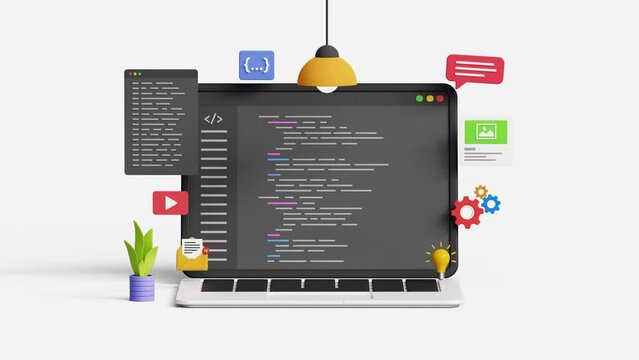 Software development coding process. Application program or code on 3d laptop. 4k 3d animation
