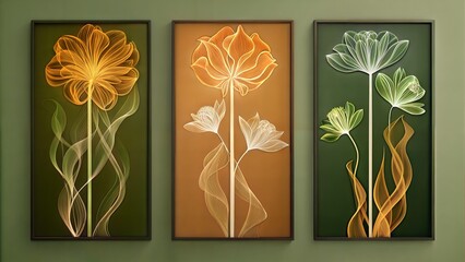 set of three vertical poster ,Minimalist flower with smoky Line Art, 