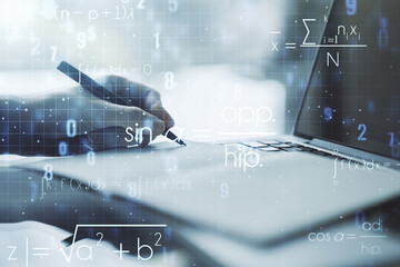 Double exposure of creative scientific formula concept with hand writing in notebook on background...