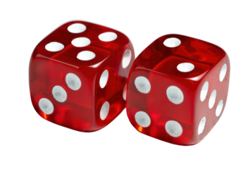 Two red dice with white dots isolate on white background.  The dice are showing a six and a one.