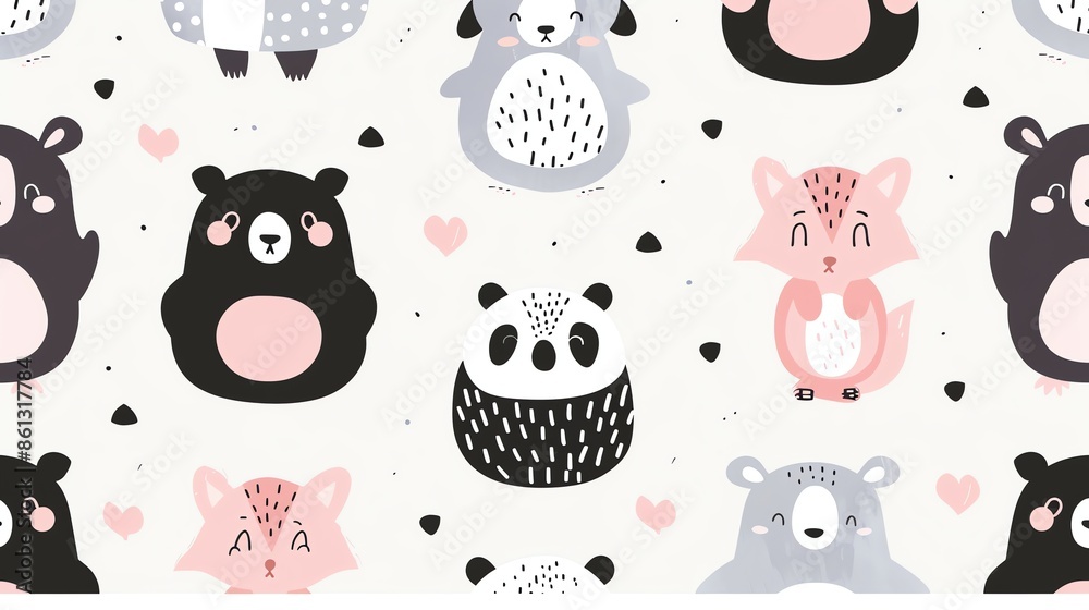 Sticker Seamless pattern featuring cute cartoon bears, pandas, and foxes in pink, black, and gray.