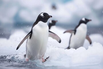 Fototapeta premium Penguins enter the frigid waters of Antarctica