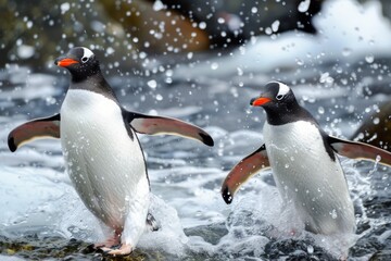 Obraz premium Penguins enter the frigid waters of Antarctica