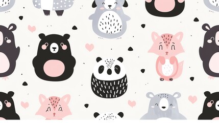 Seamless pattern featuring cute cartoon bears, pandas, and foxes in pink, black, and gray.