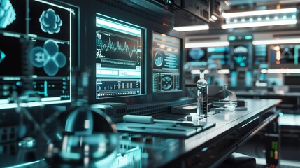 Futuristic research facility with the latest in AI-driven diagnostics and interactive digital interfaces High-tech lab with real-time data streaming and advanced molecular biology tools.