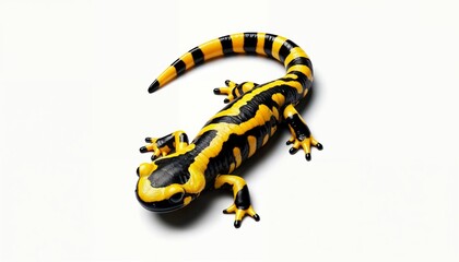 Naklejka premium Close-up of a strikingly colored black and yellow salamander against a plain white background.