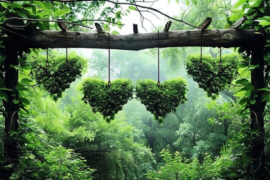 Heart shaped topiary hanging in a lush garden, symbolizing love and nature, vibrant outdoor photography