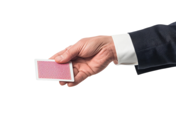 A hand in a suit jacket holds a playing card, face down. The card is red with a white back isolate on white background