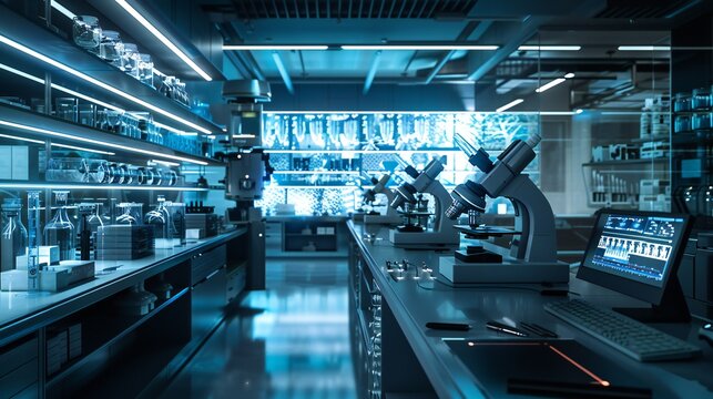 Futuristic research facility with the latest in AI-driven diagnostics and interactive digital interfaces High-tech lab with real-time data streaming and advanced molecular biology tools.