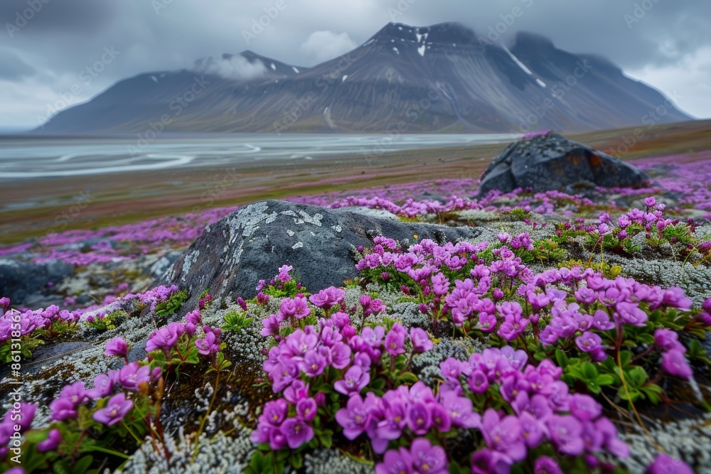 Poster purple saxifrage on the tundra of svalbard norway