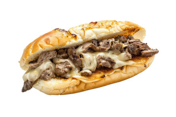 A close-up of a delicious Philly cheesesteak sandwich with melted cheese and grilled meat on a toasted hoagie roll. isolate on white background