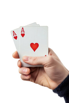 A hand holding two aces of hearts, a winning hand in many card games. isolate on white background