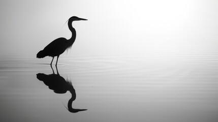 Obraz premium A serene scene of a birds silhouette reflected on glassy water creating a sense of peace and calm. Black and white art