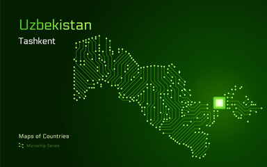 Naklejka premium A vector map of Uzbekistan created from a microchip pattern, with the capital Tashkent depicted as a microchip