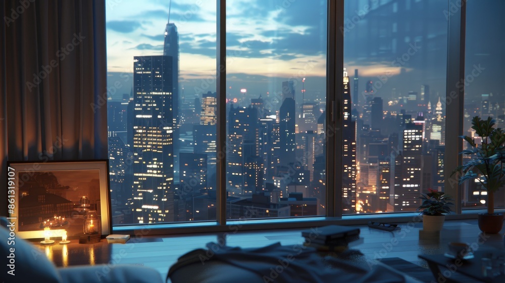 Wall mural background image of clear daylight view of modern skyline through large windows. window view of city