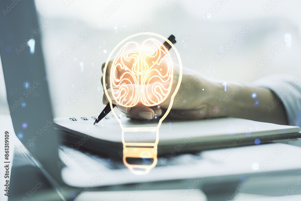 Poster Creative light bulb with human brain hologram and hand writing in notepad on background with laptop, artificial Intelligence and neural networks concept. Multiexposure