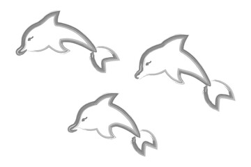 Three dolphins. Sketch. Vector illustration. Hand drawn watercolor drawing. Outline on a white isolated background. Collection of marine mammals. An ocean dweller with fins and a tail. Coloring book.