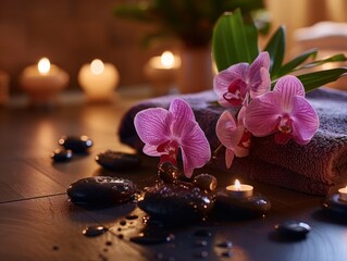  spa salon.  towel , a purple orchid, dark stones, candles