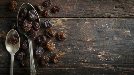 The warm tones of the wood and the deep brown of the raisins create a rustic and inviting scene. The spoon adds a touch of whimsy, suggesting the possibility of enjoying the raisins as a snack