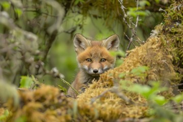 Fototapeta premium Red fox kit blending in with surroundings