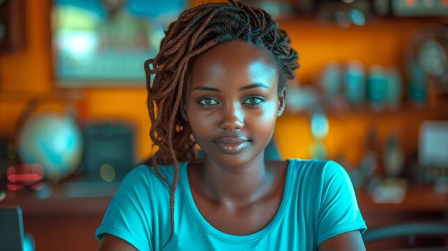 Ugandan woman sitting in an office in front of her computer.