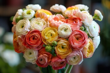 Obraz premium A beautiful love heart shape bouquete made of white and pink yellow ranunculus in floral shop