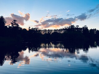 purple clouds reflection on the lake surface, trees silhouettes reflections on the water surface, twilights lake in the park, natural colors, very calm and peaceful