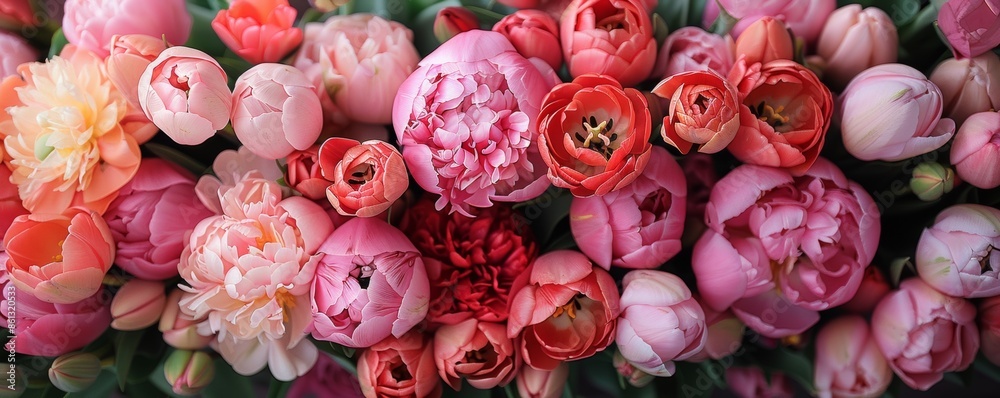 Wall mural beautiful pink peony bouquets and pink tulip bouquets, top above view