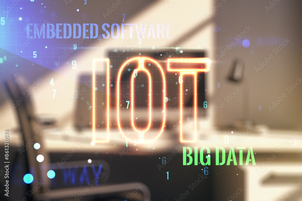 Poster Double exposure of creative IOT hologram and modern desktop with laptop on background, research and development concept