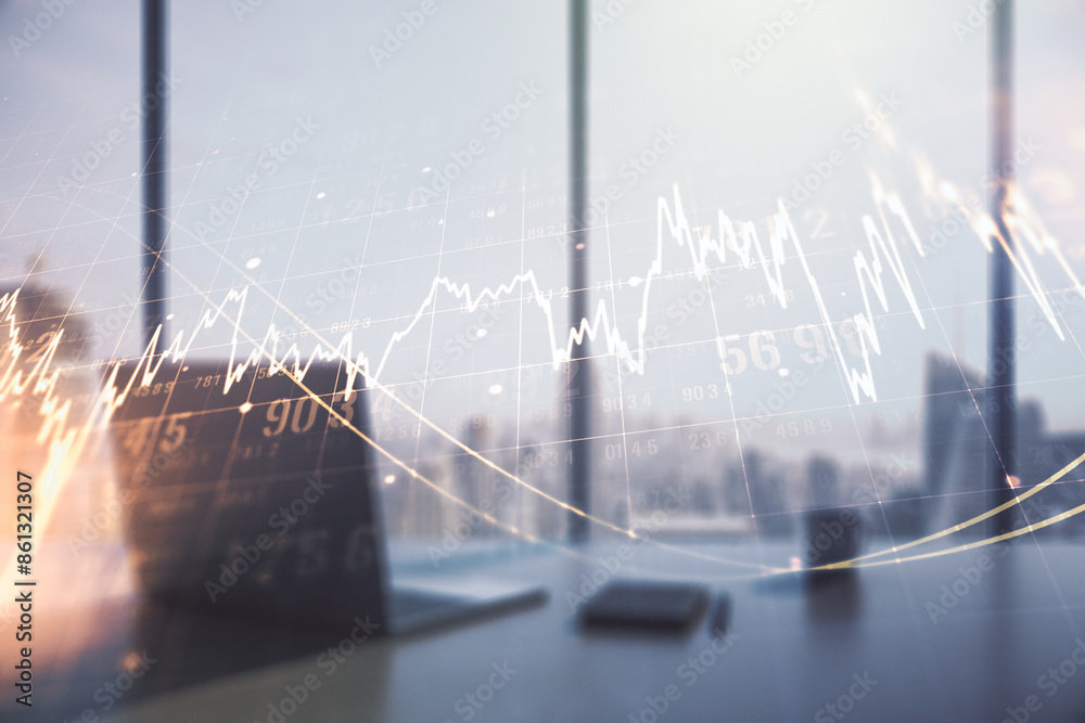 Poster multi exposure of abstract financial diagram and modern desk with computer on background, banking an