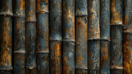 A rustic backdrop of weathered bamboo stalks, their surfaces etched with the marks of time